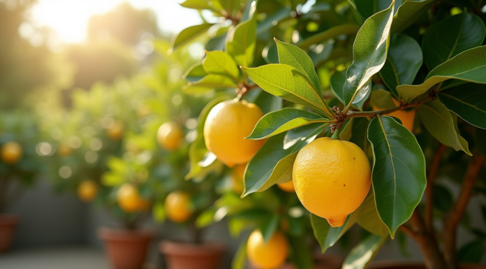 Citronnier en pot dans un jardin méditerranéen ensoleille avec citrons mûrs