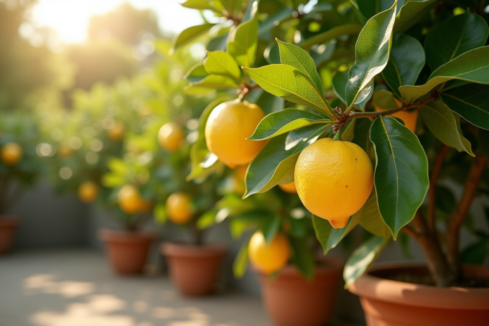 citronnier-quatre-saisons-jardin Citronnier en pot dans un jardin méditerranéen ensoleille avec citrons mûrs