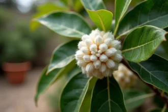 Gros plan sur une infestation de cochenilles à bouclier blanc sur un rameau de citronnier avec des amas cotonneux visibles sur les feuilles
