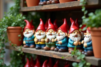 Collection de nains de jardin en céramique colorée exposés sur une étagère en bois dans un jardin, illustrant la tendance décorative des gnomes au jardin