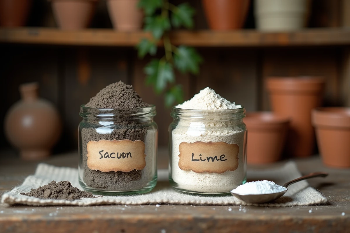 Comparaison de dosage de chaux pour sol argileux et sol sableux dans des bocaux en verre sur établi de jardin