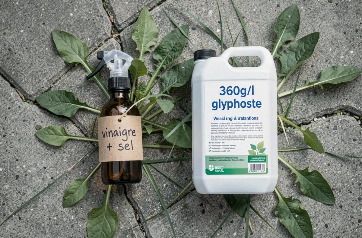 Comparaison côte à côte d'un désherbant maison artisanal et d'un herbicide commercial au glyphosate 360g/l sur une surface en béton avec mauvaises herbes