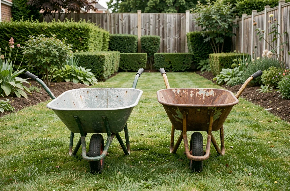 Comparaison côte à côte de deux brouettes aux formes de cuve différentes dans un jardin