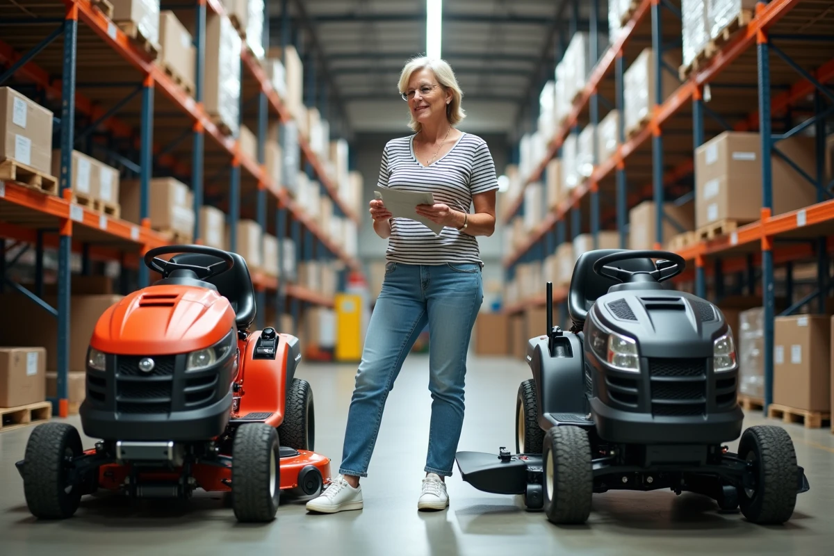 Femme comparant deux modèles de tracteurs tondeuses en magasin Brico Dépôt dans le rayon jardinage