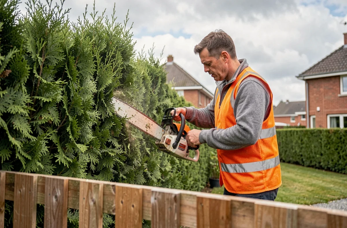 Technicien de Concept Élagage et Clôtures taillant une haie de cyprès et posant une clôture bois dans le Nord