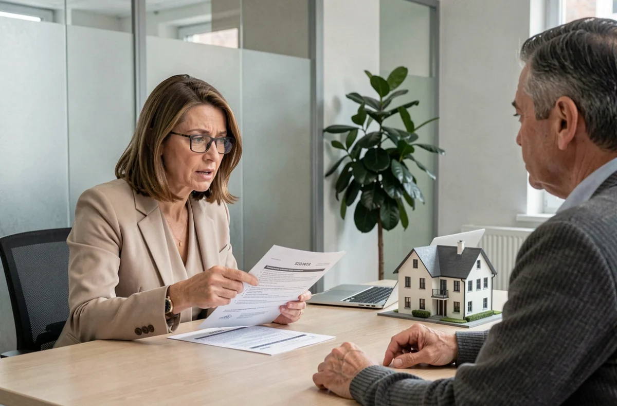 Conseillère fiscale expliquant la réglementation sur les constructions de jardin à un propriétaire