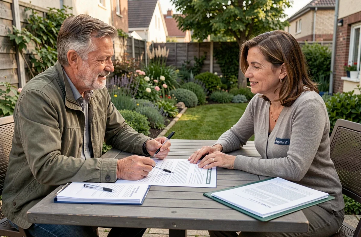 Signature d'un contrat d'entretien annuel de jardin entre un propriétaire et un jardinier dans le 93