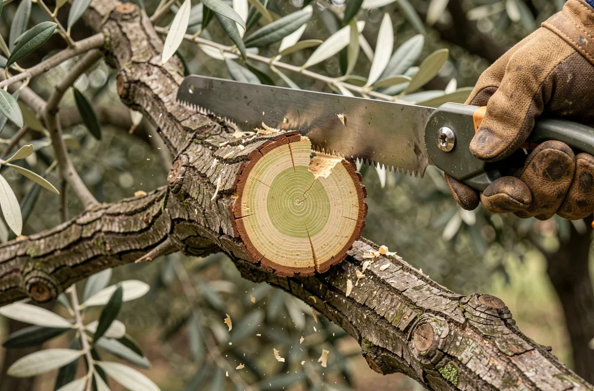 Gros plan sur une coupe de branche d'olivier avec une scie à élagage révélant le bois intérieur d'un arbre ancien