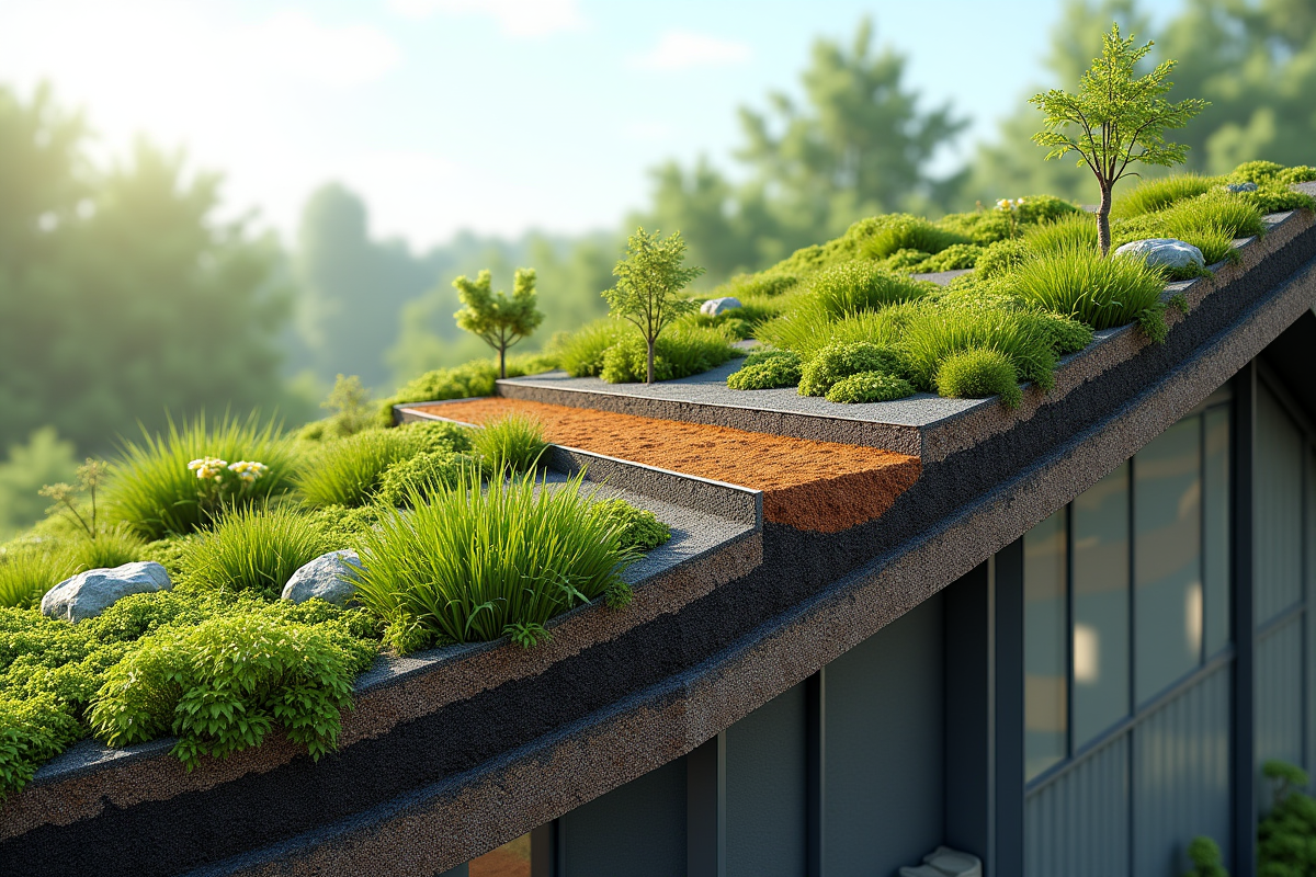 Coupe d un toit végétal avec couches de sol et plantes saines