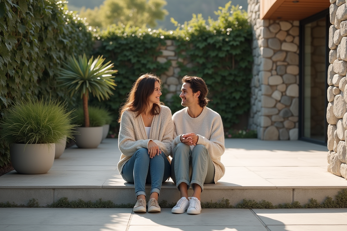 Jeune couple assis sur des pierres plates sur leur terrasse moderne