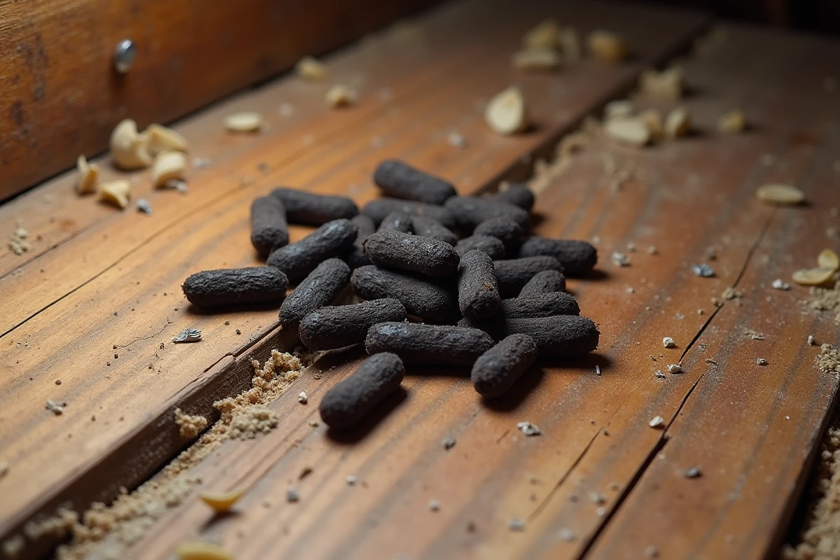Crottes de loir sur une planche de bois dans un grenier, permettant d'identifier la présence de cet animal nuisible dans l'habitat