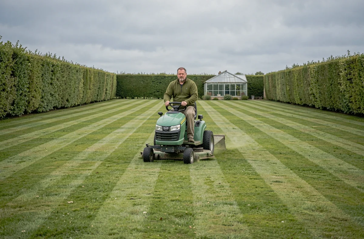 Jardinier David Dewynter conduisant une tondeuse autoportée sur une grande pelouse rayée dans un jardin du Nord