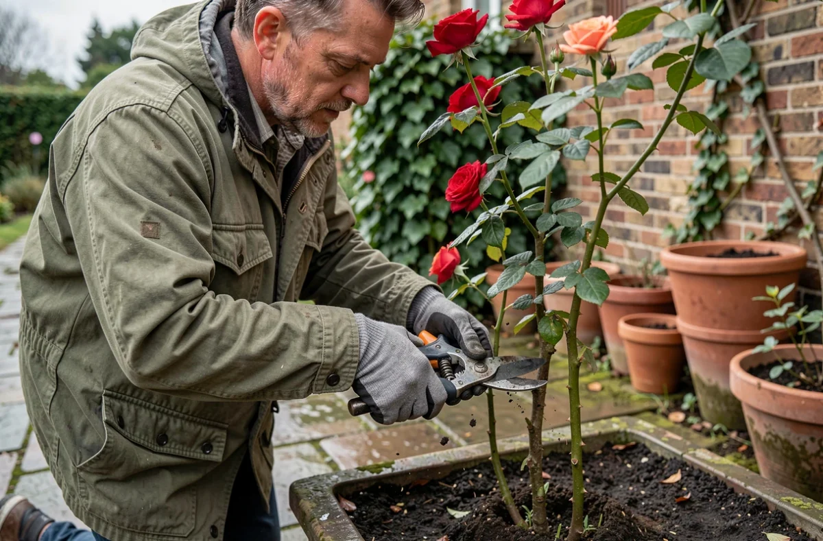 Jardinier David Nigot taillant un rosier dans un jardin résidentiel du Nord avec sécateur professionnel