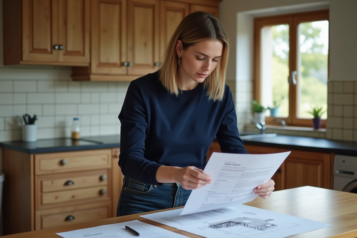Femme consultant les documents administratifs pour l'installation d'un cabanon de jardin conforme aux règles d'urbanisme