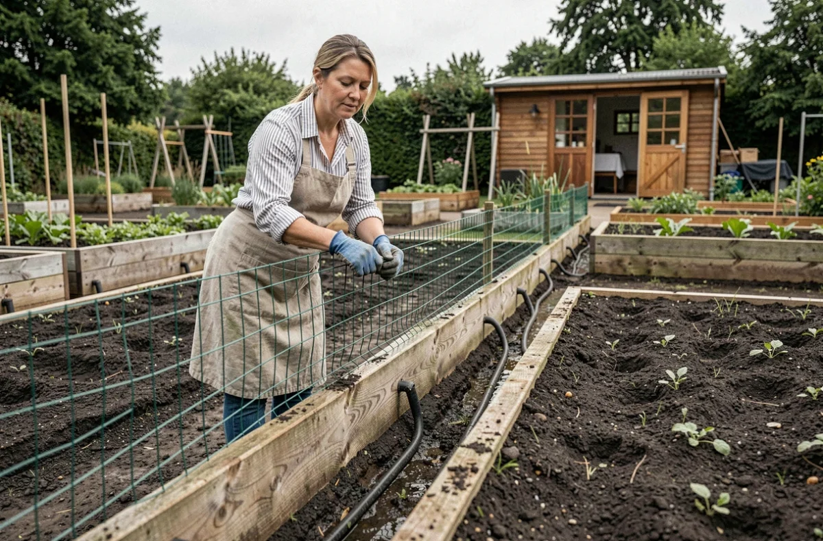 Femme déroulant un grillage métallique autour d'un potager avec des canaux de drainage pour la circulation de l'eau