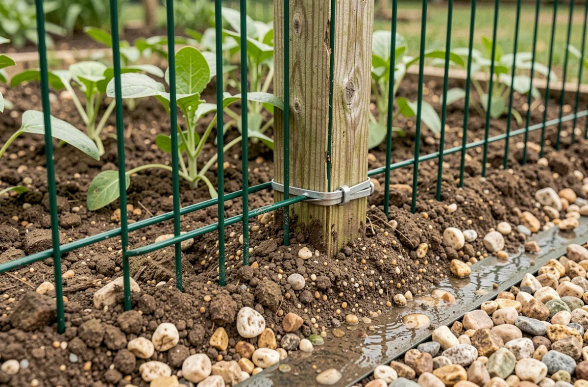 Détail de la base d'un grillage planté sans ciment dans du gravier pour favoriser la circulation de l'eau autour d'un potager