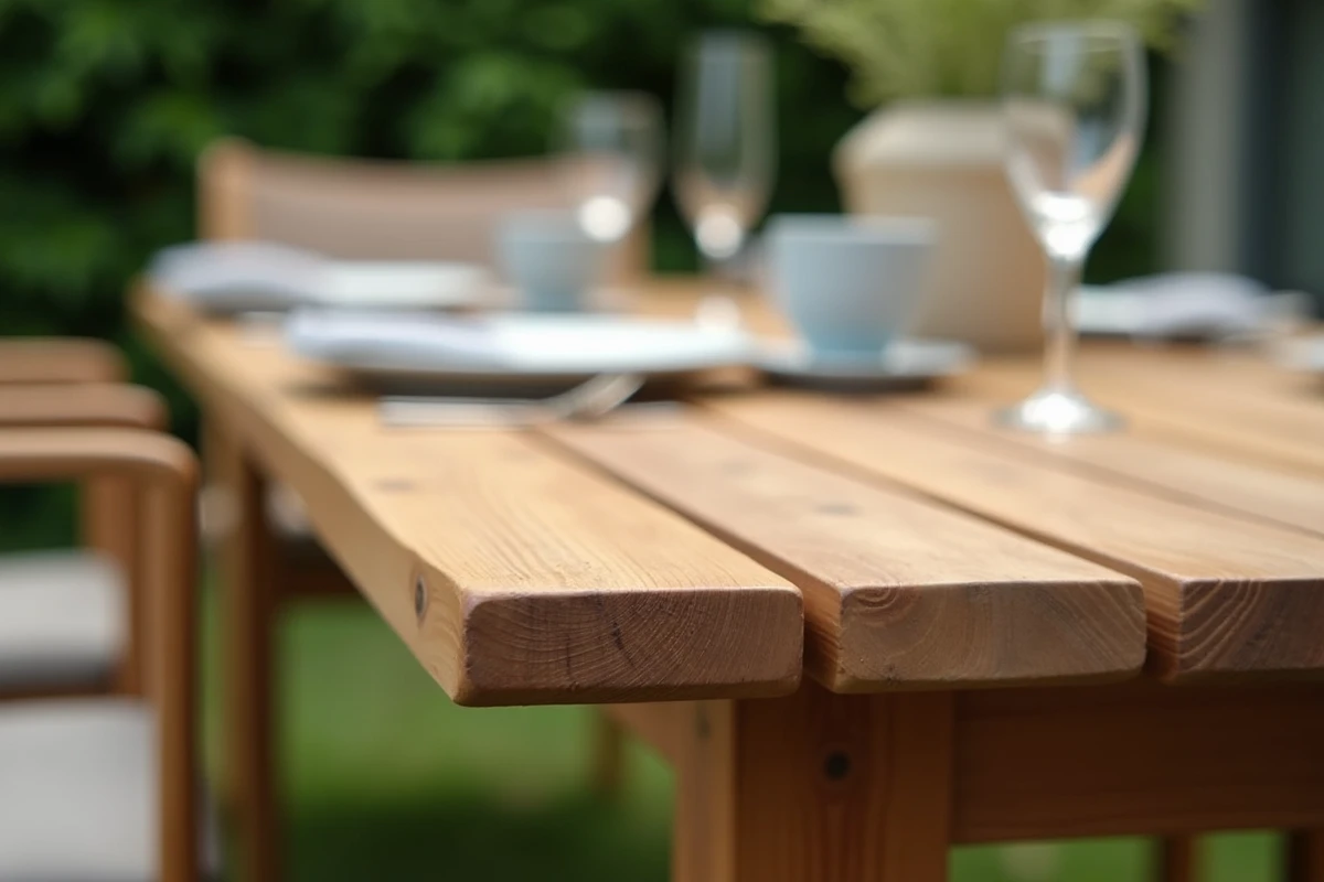 Gros plan sur le mécanisme d'extension d'une table de jardin en teck avec détails du grain du bois et vaisselle posée dessus