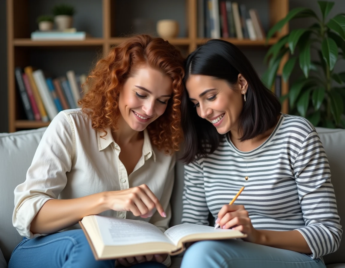 Deux amies collaborant sur un livre de mots fléchés dans un appartement parisien moderne