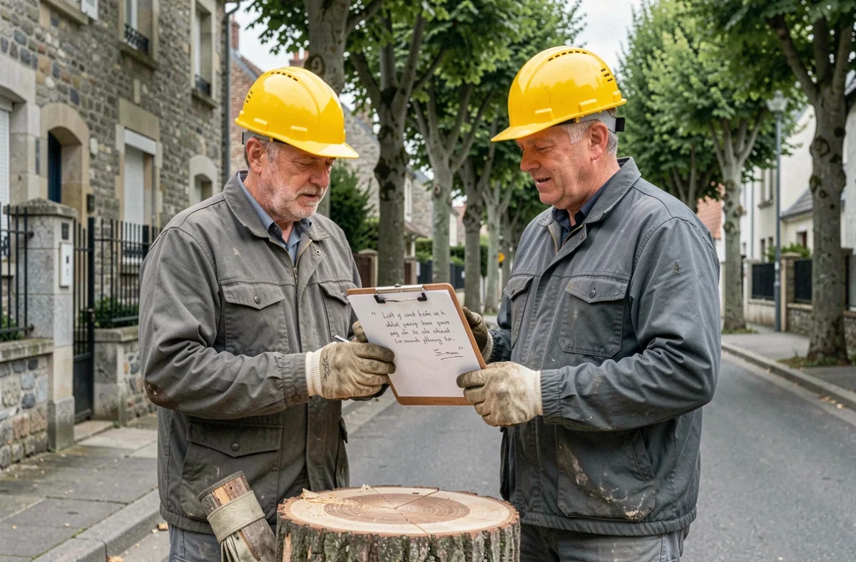 Deux élagueurs examinant un devis d'élagage après abattage d'un arbre en milieu urbain