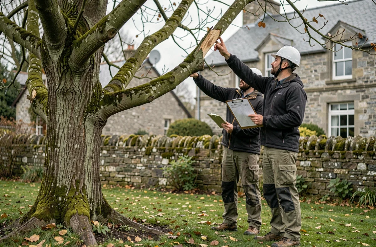 Deux élagueurs évaluant un arbre dans un jardin breton pour établir un devis d'élagage