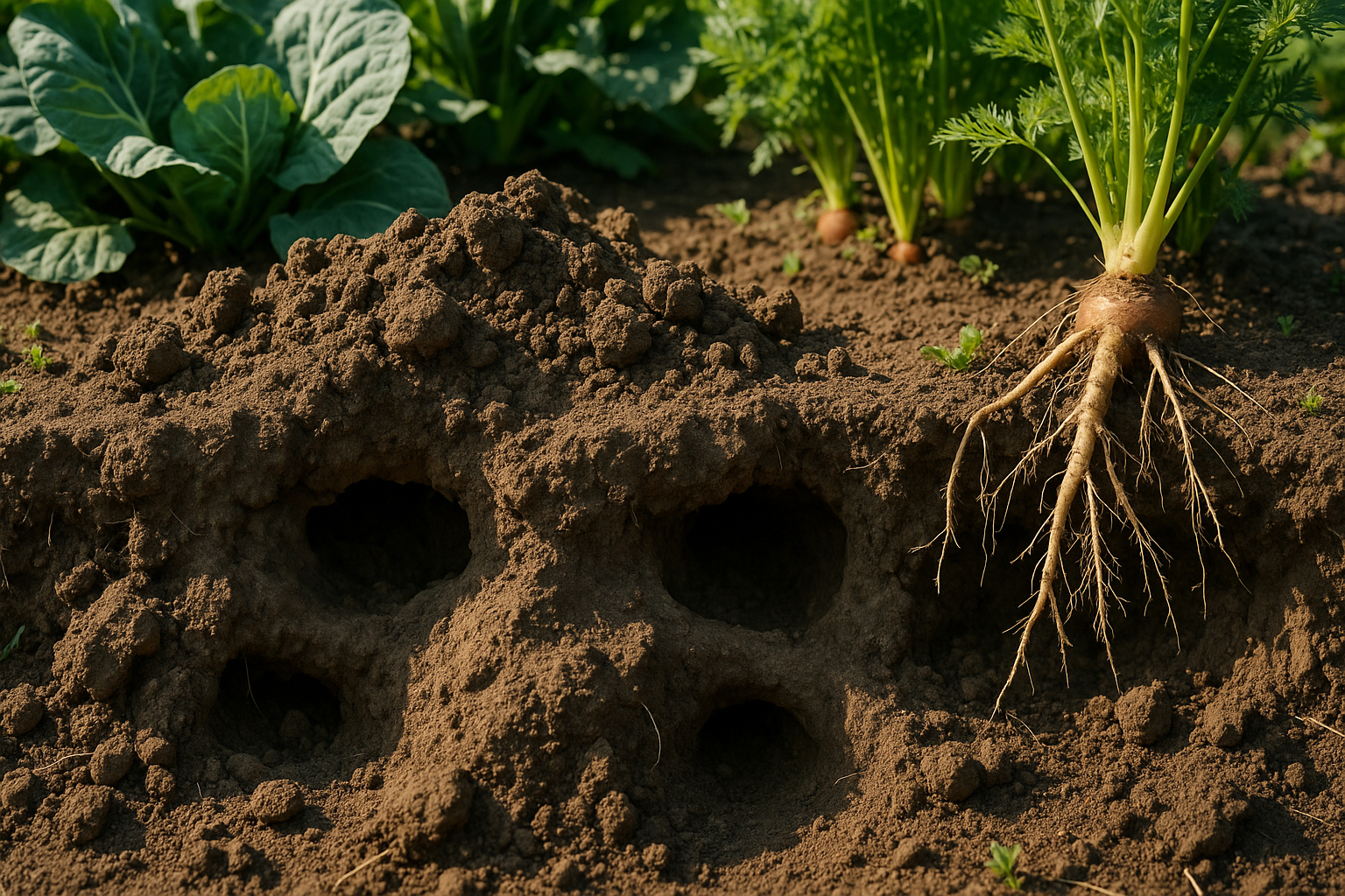 Zoom sur des tunnels souterrains et racines dans un jardin potager en plein jour
