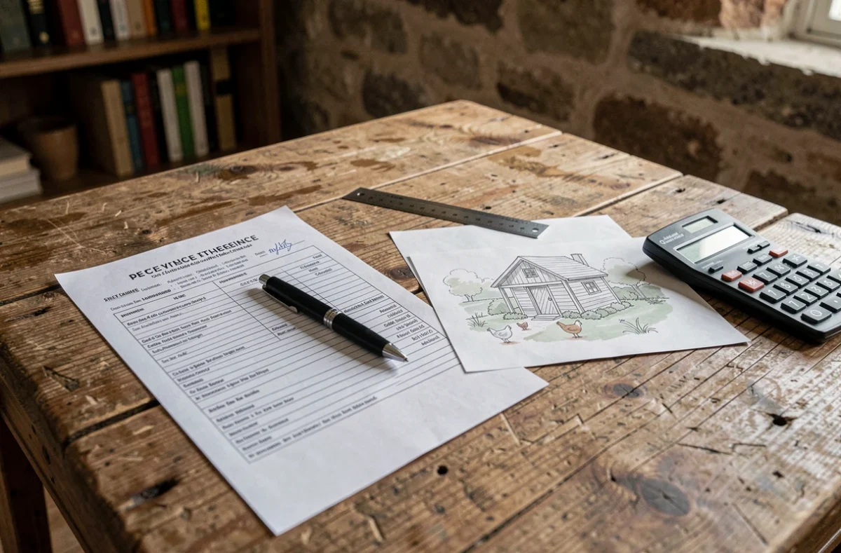 Documents fiscaux et plans d'un poulailler posés sur un bureau en bois rustique