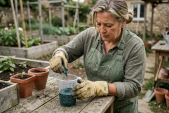 Jardiniére mesurant la dose de bouillie bordelaise pour 1 litre dans un verre gradué au potager