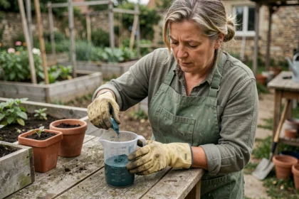 Jardiniére mesurant la dose de bouillie bordelaise pour 1 litre dans un verre gradué au potager