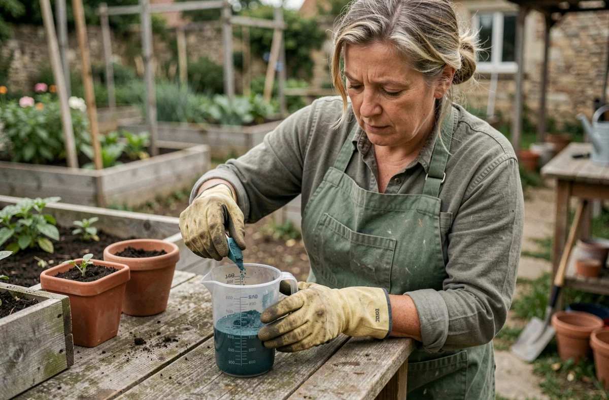 Jardiniére mesurant la dose de bouillie bordelaise pour 1 litre dans un verre gradué au potager
