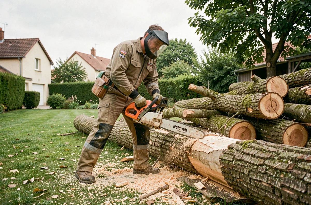 Arboriste professionnel réalisant un élagage lourd et abattage d'arbre dans un jardin du 93