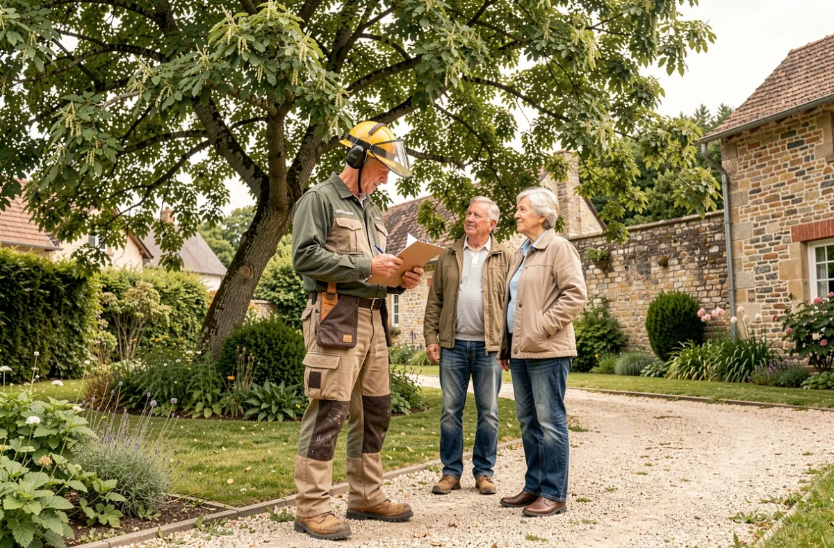 Élagueur discutant d'un devis avec des propriétaires dans un jardin résidentiel en Haute-Saône