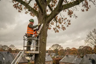 Élagueur professionnel sur nacelle élagant un grand chêne avant l'hiver à Lannion