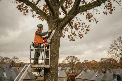 Élagueur professionnel sur nacelle élagant un grand chêne avant l'hiver à Lannion