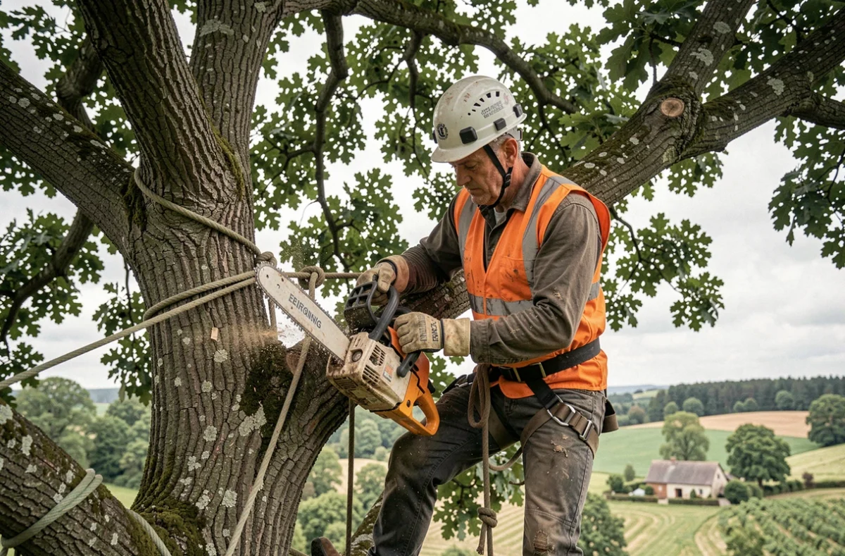 Élagueur professionnel sécurisé dans un chêne en Haute-Saône effectuant une coupe avec une tronçonneuse