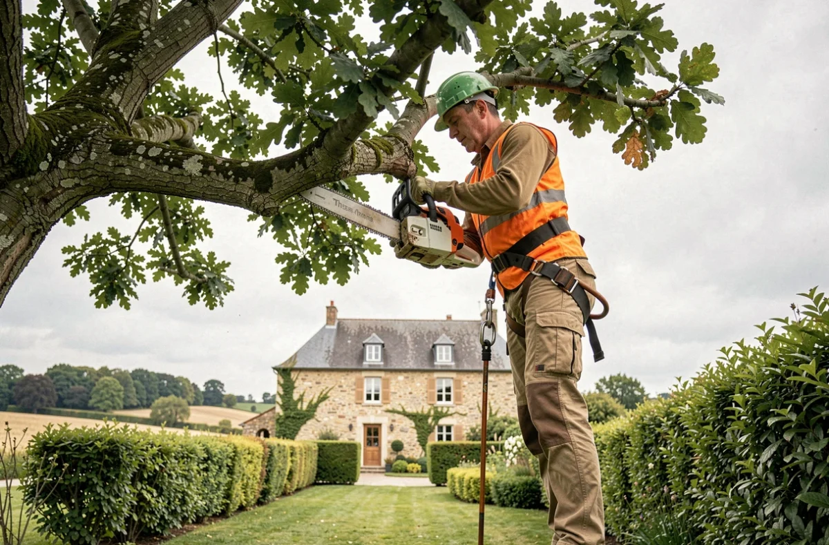 Élagueur professionnel en sécurité dans un chêne avec tronçonneuse dans un jardin rural en Mayenne