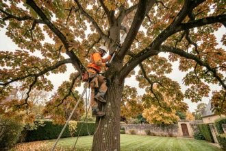 Élagueur professionnel en hauteur dans un grand chêne, portant un équipement de sécurité complet lors d'une intervention d'élagage en jardin résidentiel