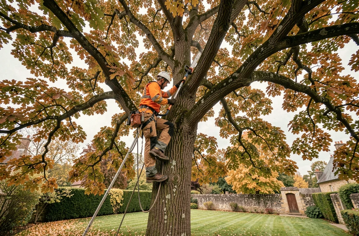Élagueur professionnel en hauteur dans un grand chêne, portant un équipement de sécurité complet lors d'une intervention d'élagage en jardin résidentiel