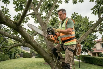 Élagueur professionnel en tenue de sécurité taillant une branche de chêne avec une tronçonneuse dans un jardin résidentiel