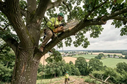 Un élagueur professionnel perché dans un grand chêne effectuant une taille avec une tronçonneuse dans le paysage rural des Hauts-de-France