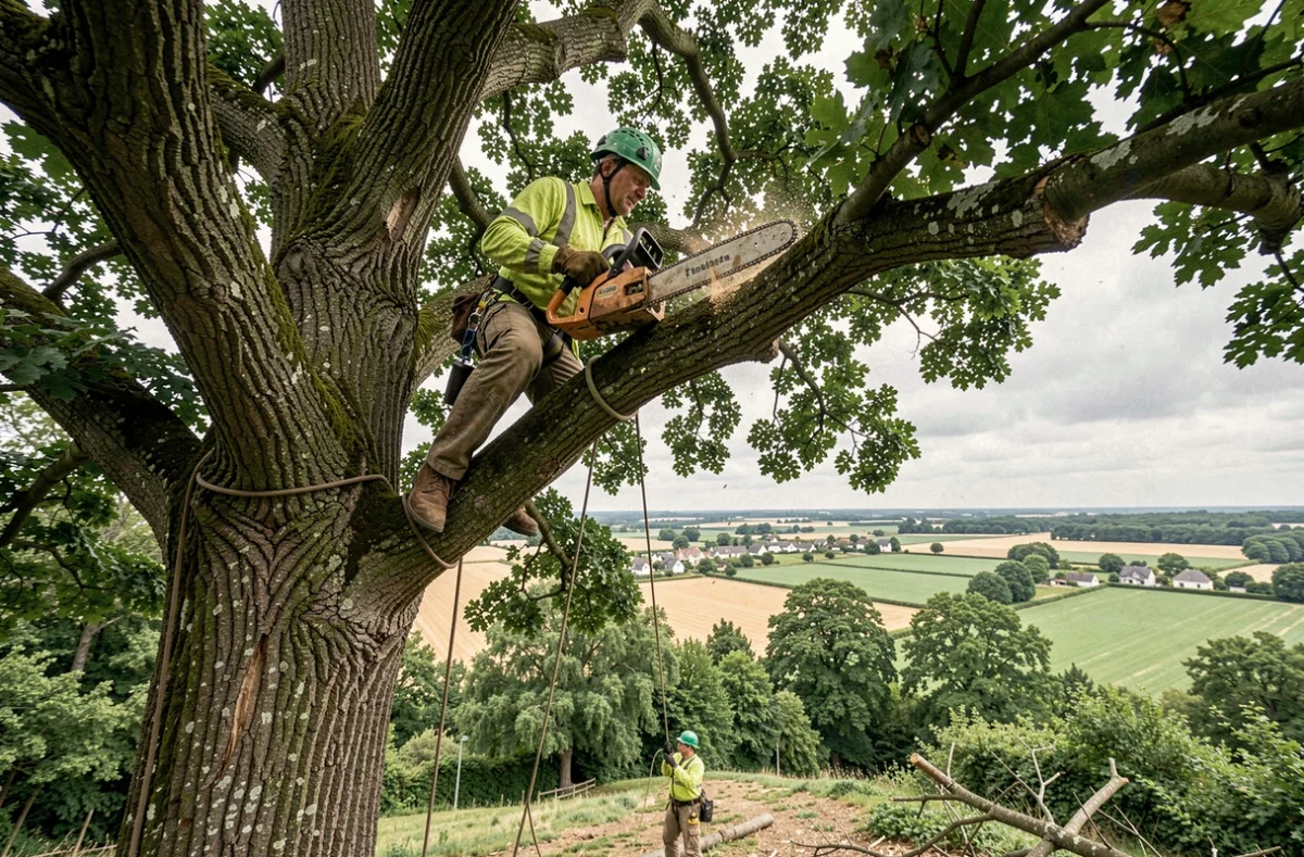 Un élagueur professionnel perché dans un grand chêne effectuant une taille avec une tronçonneuse dans le paysage rural des Hauts-de-France