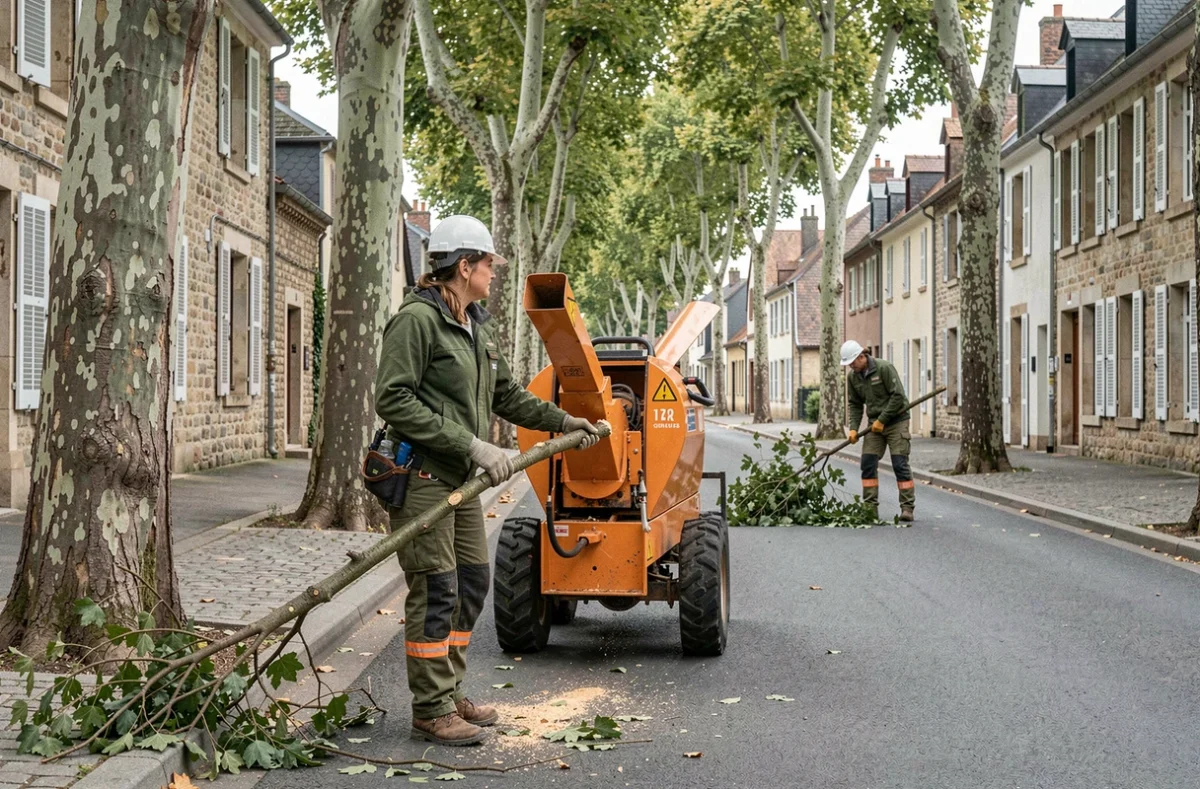 Élagueuse utilisant un broyeur de branches sur une rue arborée en Haute-Saône