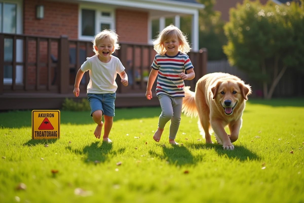 Enfants et chien jouant sur une pelouse traitée avec panneau de sécurité temporaire en jardin familial