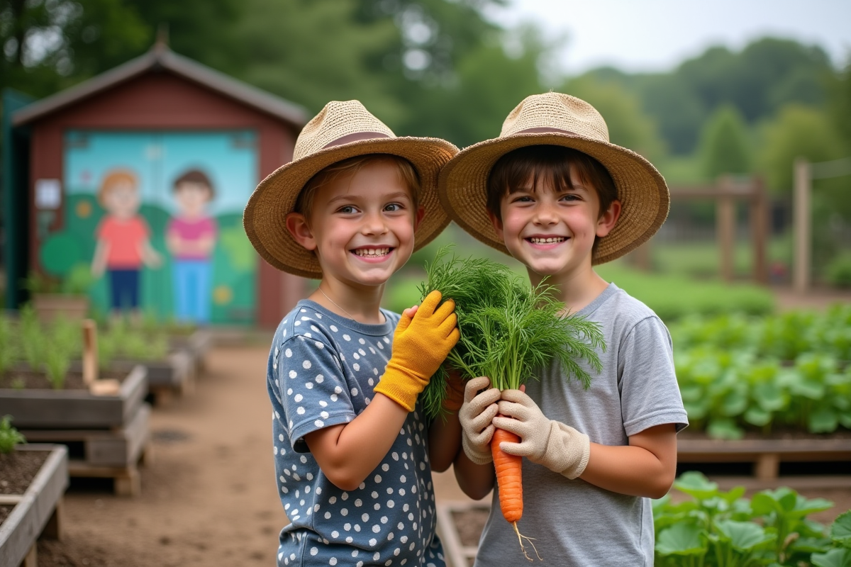 Deux enfants souriants tenant des carottes fraîchement récoltées