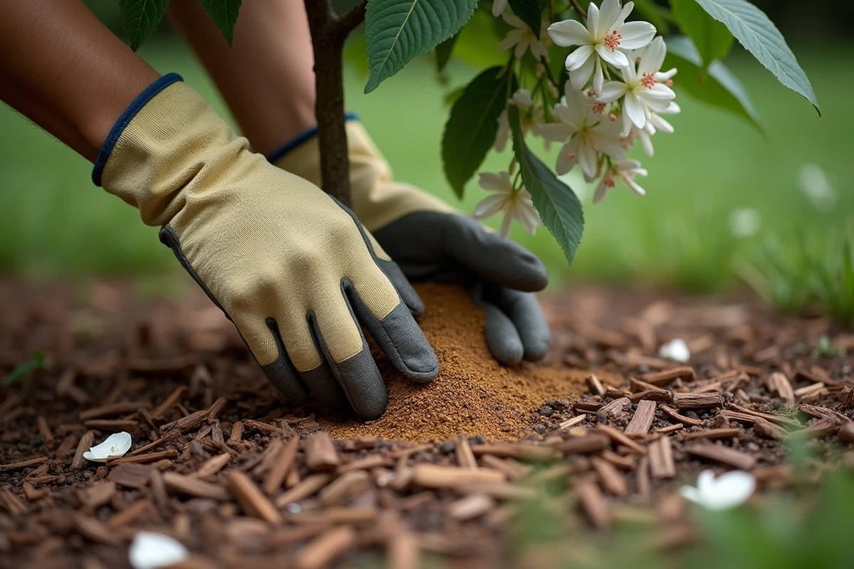 Jardinier appliquant de l'engrais granulaire au pied d'un lilas du Japon avec paillage en écorce