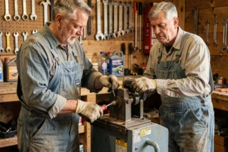 Homme en salopette entretenant une fendeuse de bois électrique dans un atelier en bois rustique