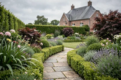 Vue panoramique d'un jardin soigneusement entretenu dans le Nord de la France avec haies taillées, allée en pierre et maison en brique en arrière-plan