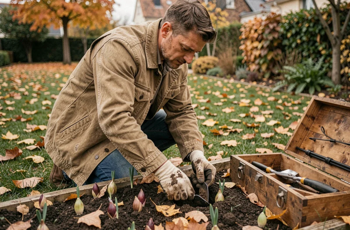 Jardinier effectuant un entretien saisonnier d'automne dans un jardin du 93