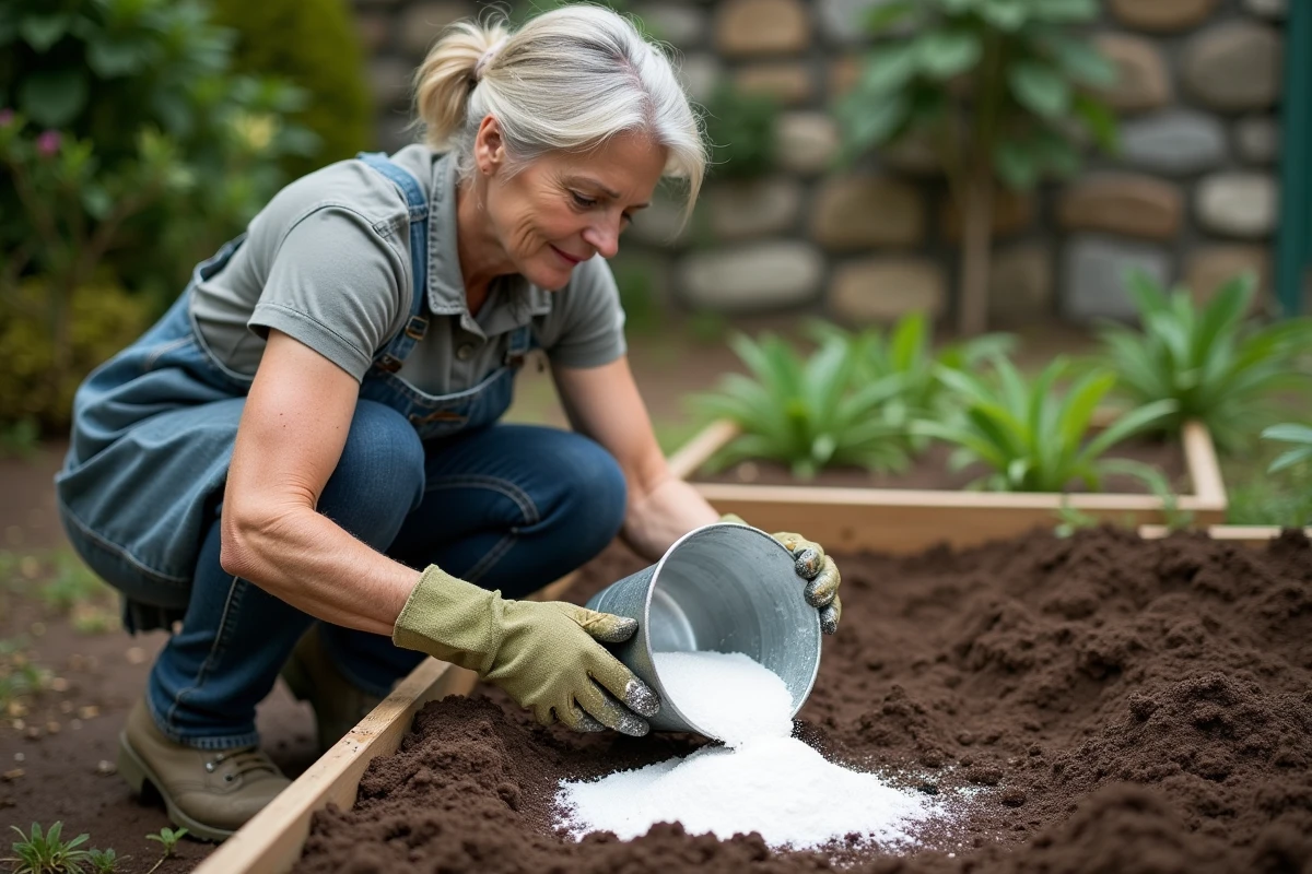 Femme épandant de la chaux agricole sur un sol argileux dans un potager résidentiel