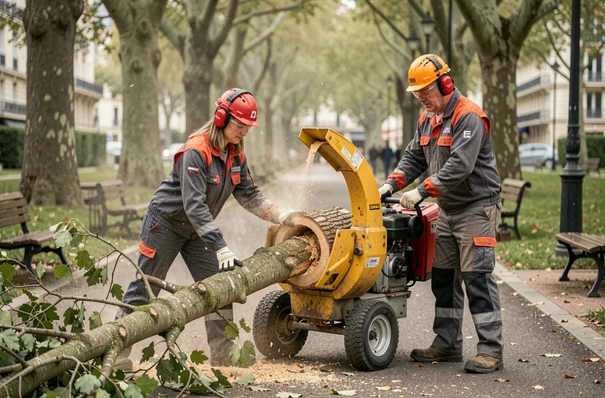 Deux élagueurs professionnels utilisant un broyeur de branches dans un parc urbain lors d'une opération d'élagage