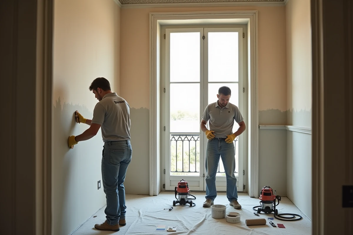 Équipe de peintres professionnels préparant les murs d'une chambre bourgeoise avec matériel airless et échantillons de couleurs avant application
